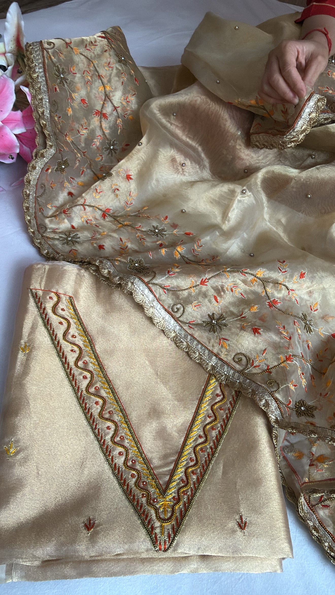 Champagne gold tissue silk hand embroidered heeramandi kadhwa suit set